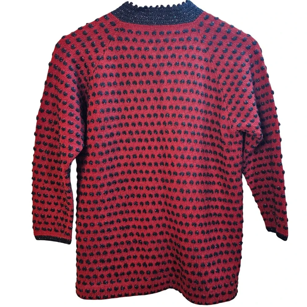 Vintage‎ Red Black Metallic Knit Cardigan Sweater Polka Dot Button Front Shimmer